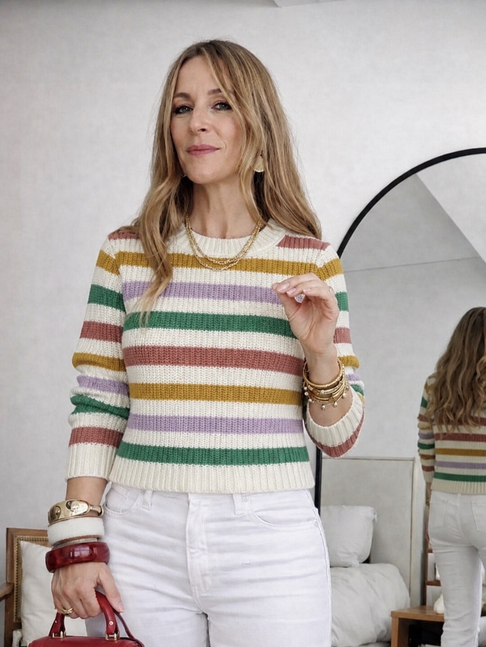 Women's Striped Crewneck Sweater - Cream Multicolor